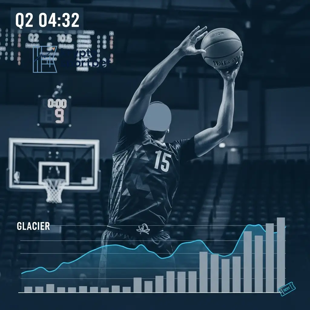 Ein Basketballspieler mitten im Wurf in einer Arena, überlagert von einem prominenten Datengraphen, der die Expertenanalyse und die Wettprognose für das Spiel Iran vs. Neuseeland visualisiert.