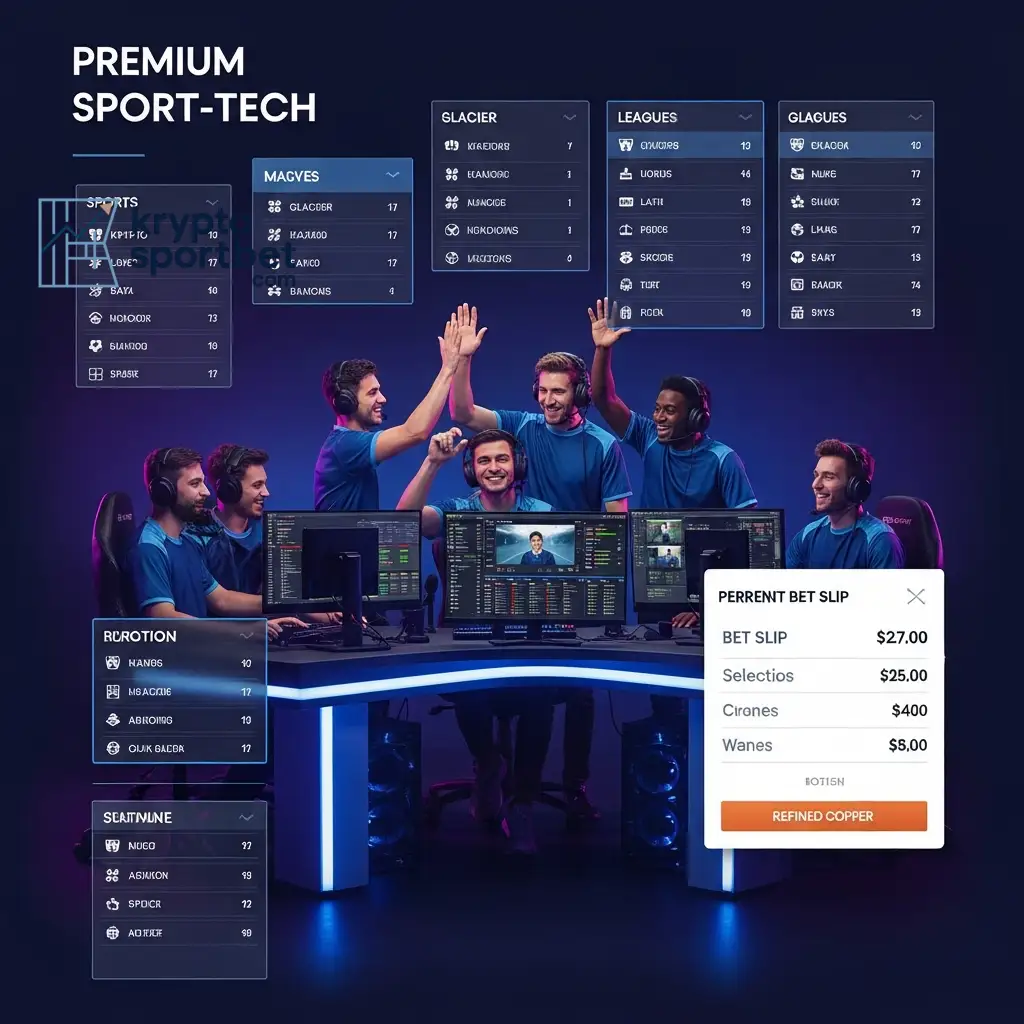 A victorious esports team celebrating in a high-tech gaming setup, with digital dashboards and a crypto betting slip visible, representing success in online sports betting.
