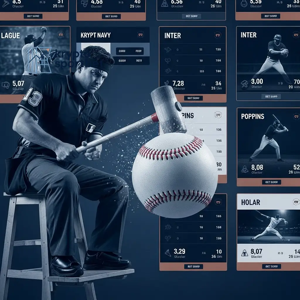 Ein Baseball-Schiedsrichter, der einen Ball mit einem Schläger zerschlägt, vor einer digitalen Datenschnittstelle, die das Aufschlüsseln komplexer Fragen im FAQ-Bereich für Krypto-Wetten symbolisiert.